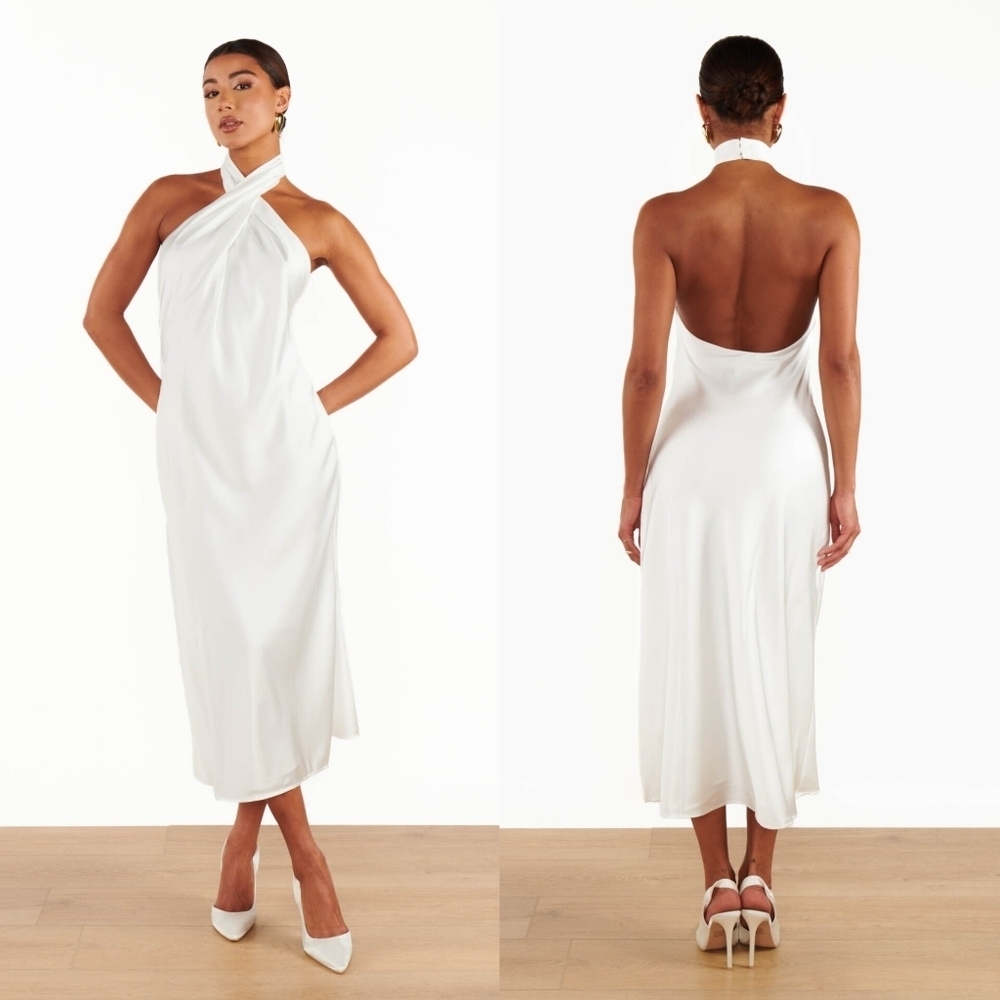 Show Me Your MUMU Jasmine Halter Ivory Luxe Satin Midi Dress Wedding Party Prom